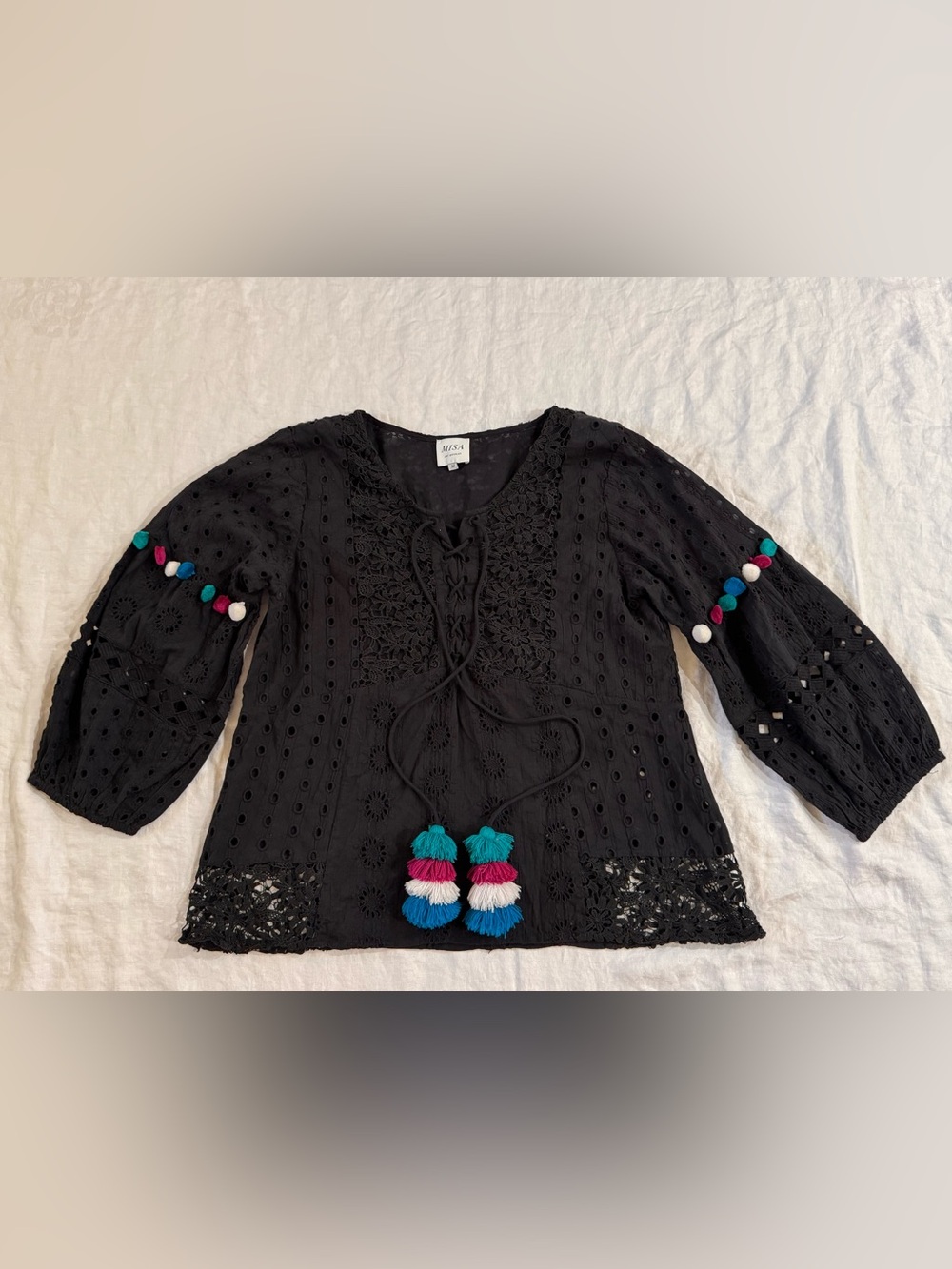 Misa Los Angeles Isabelle Black Eyelet Lace Tassel Blouse M